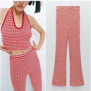 Zara red white knit high waisted flare stretchy pull on pants 70’s hippie retro